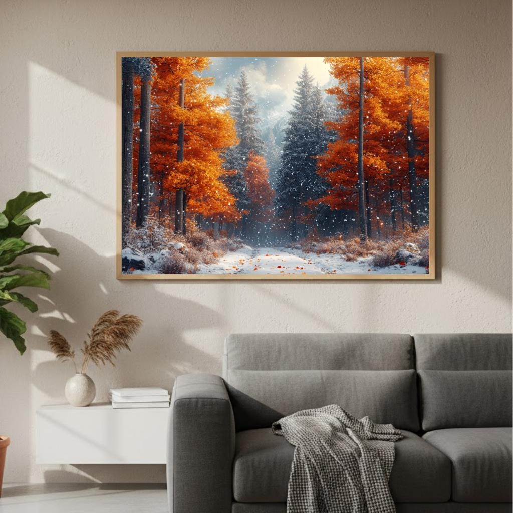 Amber Autumn Path Wall Art, Snowy Forest Framed Canvas, Nature Woodland Print, Cozy Rustic Decor, Winter Home Accent, Autumn Lover Gift
