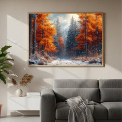 Amber Autumn Path Wall Art, Snowy Forest Framed Canvas, Nature Woodland Print, Cozy Rustic Decor, Winter Home Accent, Autumn Lover Gift