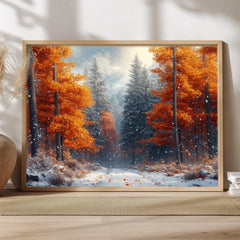 Amber Autumn Path Wall Art, Snowy Forest Framed Canvas, Nature Woodland Print, Cozy Rustic Decor, Winter Home Accent, Autumn Lover Gift
