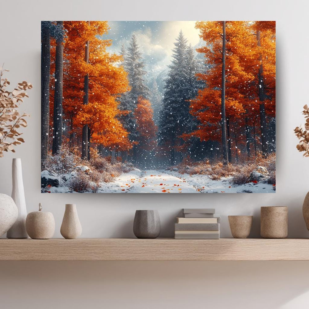 Amber Autumn Path Wall Art, Snowy Forest Framed Canvas, Nature Woodland Print, Cozy Rustic Decor, Winter Home Accent, Autumn Lover Gift