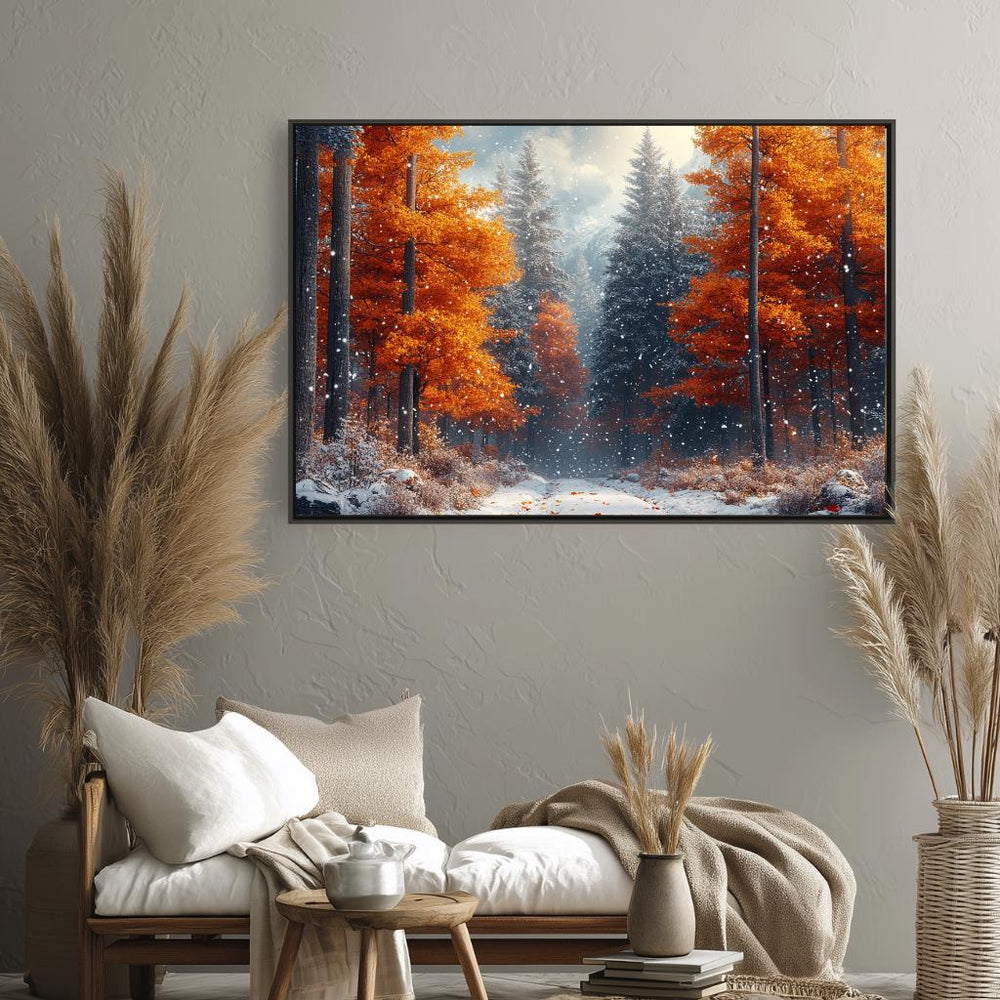 Amber Autumn Path Wall Art, Snowy Forest Framed Canvas, Nature Woodland Print, Cozy Rustic Decor, Winter Home Accent, Autumn Lover Gift