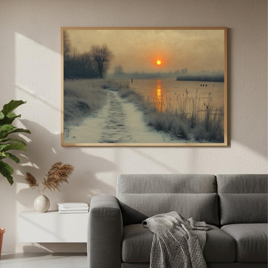 Winter Sunrise River Wall Art, Misty Morning Framed Canvas, Rustic Country Path Landscape Print, Nature Inspired Decor, Cozy Home Accent