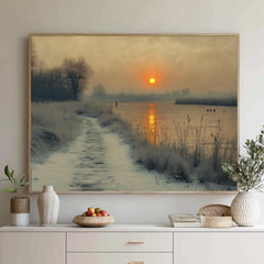 Winter Sunrise River Wall Art, Misty Morning Framed Canvas, Rustic Country Path Landscape Print, Nature Inspired Decor, Cozy Home Accent