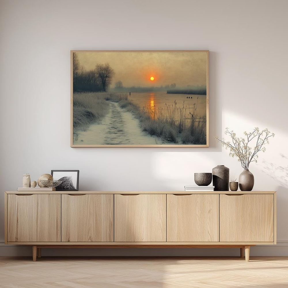 Winter Sunrise River Wall Art, Misty Morning Framed Canvas, Rustic Country Path Landscape Print, Nature Inspired Decor, Cozy Home Accent