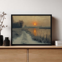 Winter Sunrise River Wall Art, Misty Morning Framed Canvas, Rustic Country Path Landscape Print, Nature Inspired Decor, Cozy Home Accent