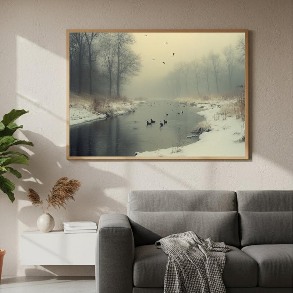 Foggy River Ducks Wall Art, Misty Winter Framed Canvas, Nature Inspired Landscape Print, Rustic Farmhouse Decor, Tranquil Home Accent