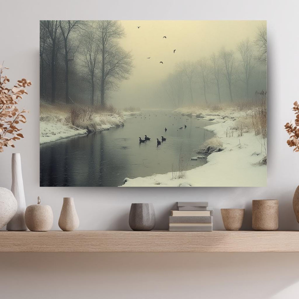 Foggy River Ducks Wall Art, Misty Winter Framed Canvas, Nature Inspired Landscape Print, Rustic Farmhouse Decor, Tranquil Home Accent