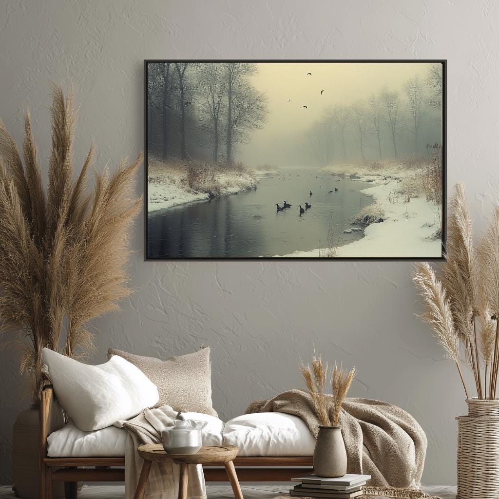 Foggy River Ducks Wall Art, Misty Winter Framed Canvas, Nature Inspired Landscape Print, Rustic Farmhouse Decor, Tranquil Home Accent