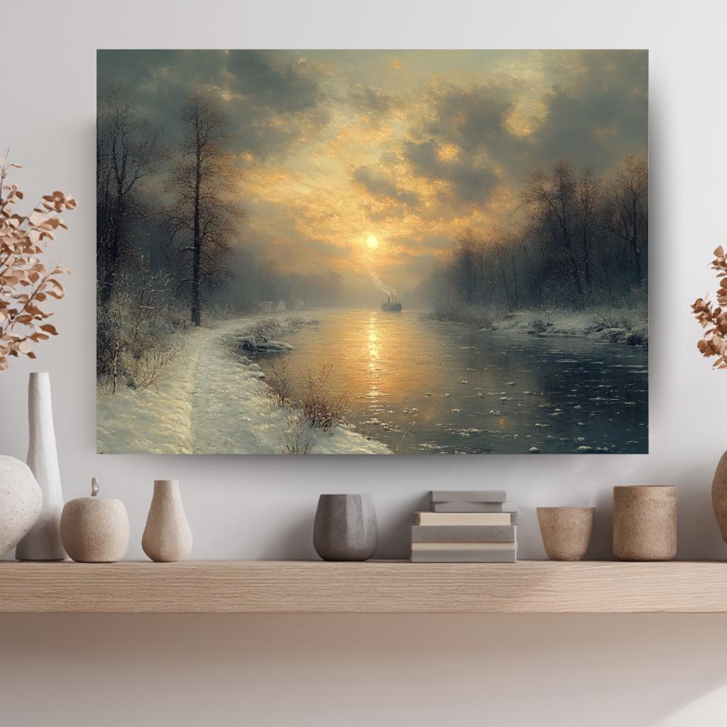 Winter River Sunrise Wall Art, Moody Snow Landscape Canvas, Tranquil Nature Inspired Print, Rustic Farmhouse Winter Home Decor