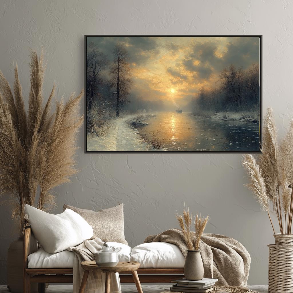 Winter River Sunrise Wall Art, Moody Snow Landscape Canvas, Tranquil Nature Inspired Print, Rustic Farmhouse Winter Home Decor