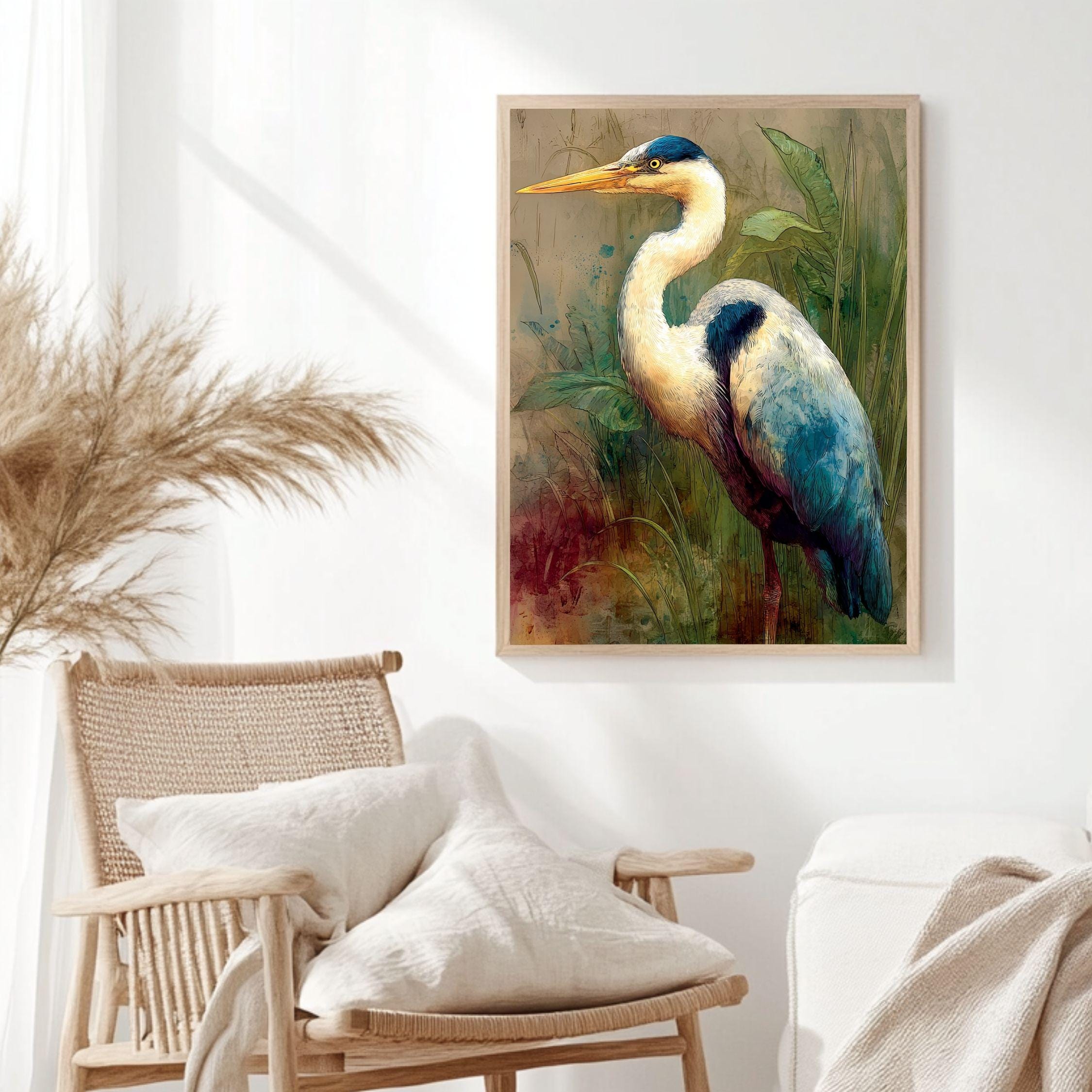 Heron In Marsh Wooden Canvas Art, Rustic Nature Bird Wall Decor, Coastal Wildlife Print For Lake House, Cabin, Farmhouse Home Styling