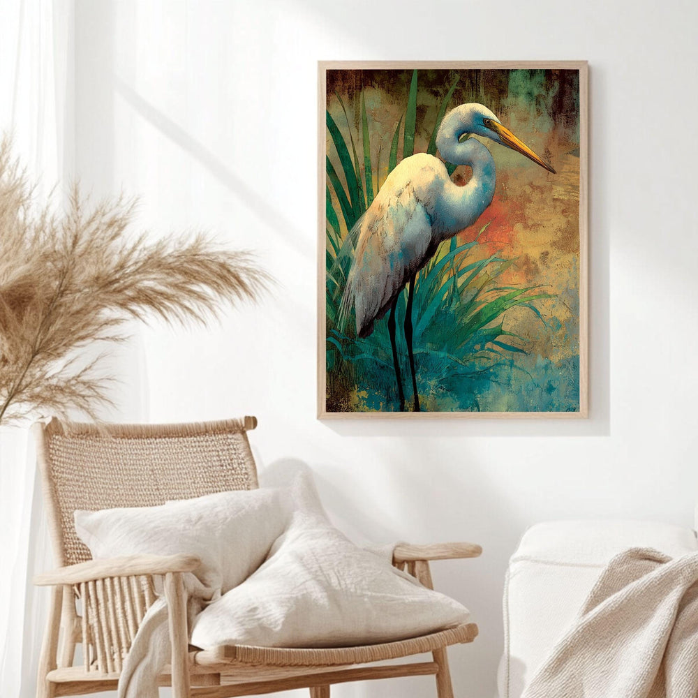 Egret At Meadow Edge Wooden Canvas Art, Warm Wildlife Wall Decor, Elegant Bird Nature Print For Boho, Coastal, Rustic Home Interiors
