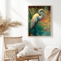 Egret At Meadow Edge Wooden Canvas Art, Warm Wildlife Wall Decor, Elegant Bird Nature Print For Boho, Coastal, Rustic Home Interiors