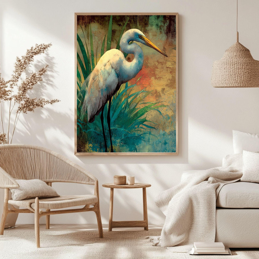 Egret At Meadow Edge Wooden Canvas Art, Warm Wildlife Wall Decor, Elegant Bird Nature Print For Boho, Coastal, Rustic Home Interiors