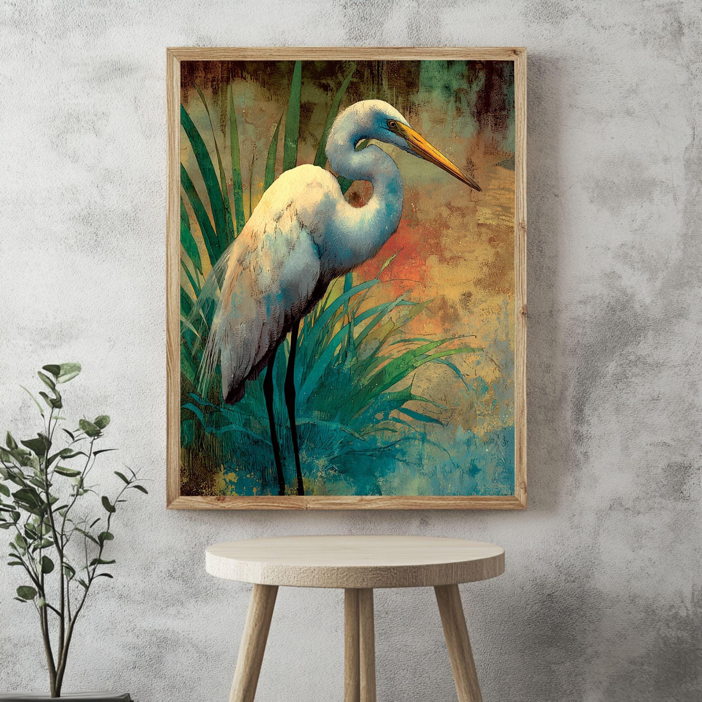 Egret At Meadow Edge Wooden Canvas Art, Warm Wildlife Wall Decor, Elegant Bird Nature Print For Boho, Coastal, Rustic Home Interiors