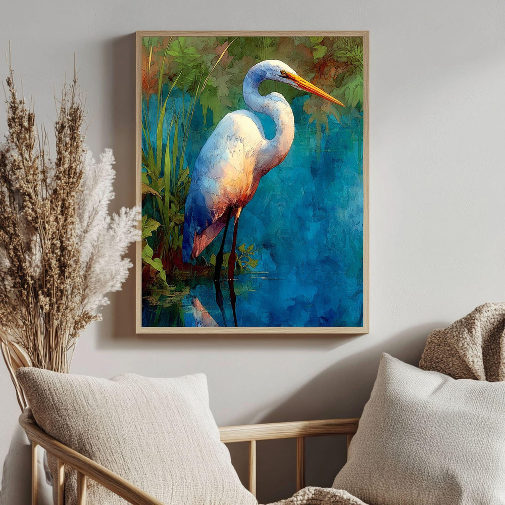 Egret By Blue Water Wooden Canvas Art, Tranquil Wildlife Wall Decor, Serene Nature Bird Print For Lake House, Spa, Relaxing Home Spaces