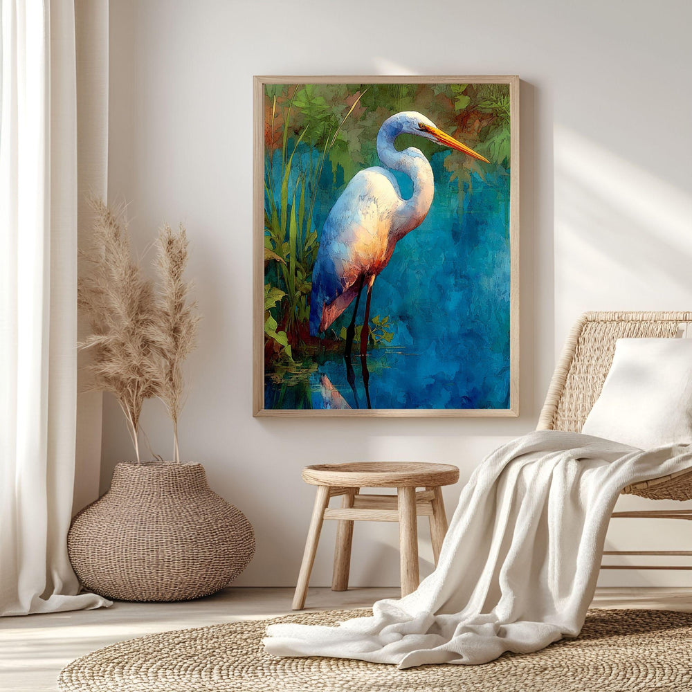 Egret By Blue Water Wooden Canvas Art, Tranquil Wildlife Wall Decor, Serene Nature Bird Print For Lake House, Spa, Relaxing Home Spaces
