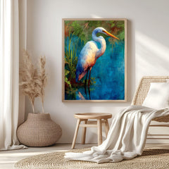Egret By Blue Water Wooden Canvas Art, Tranquil Wildlife Wall Decor, Serene Nature Bird Print For Lake House, Spa, Relaxing Home Spaces