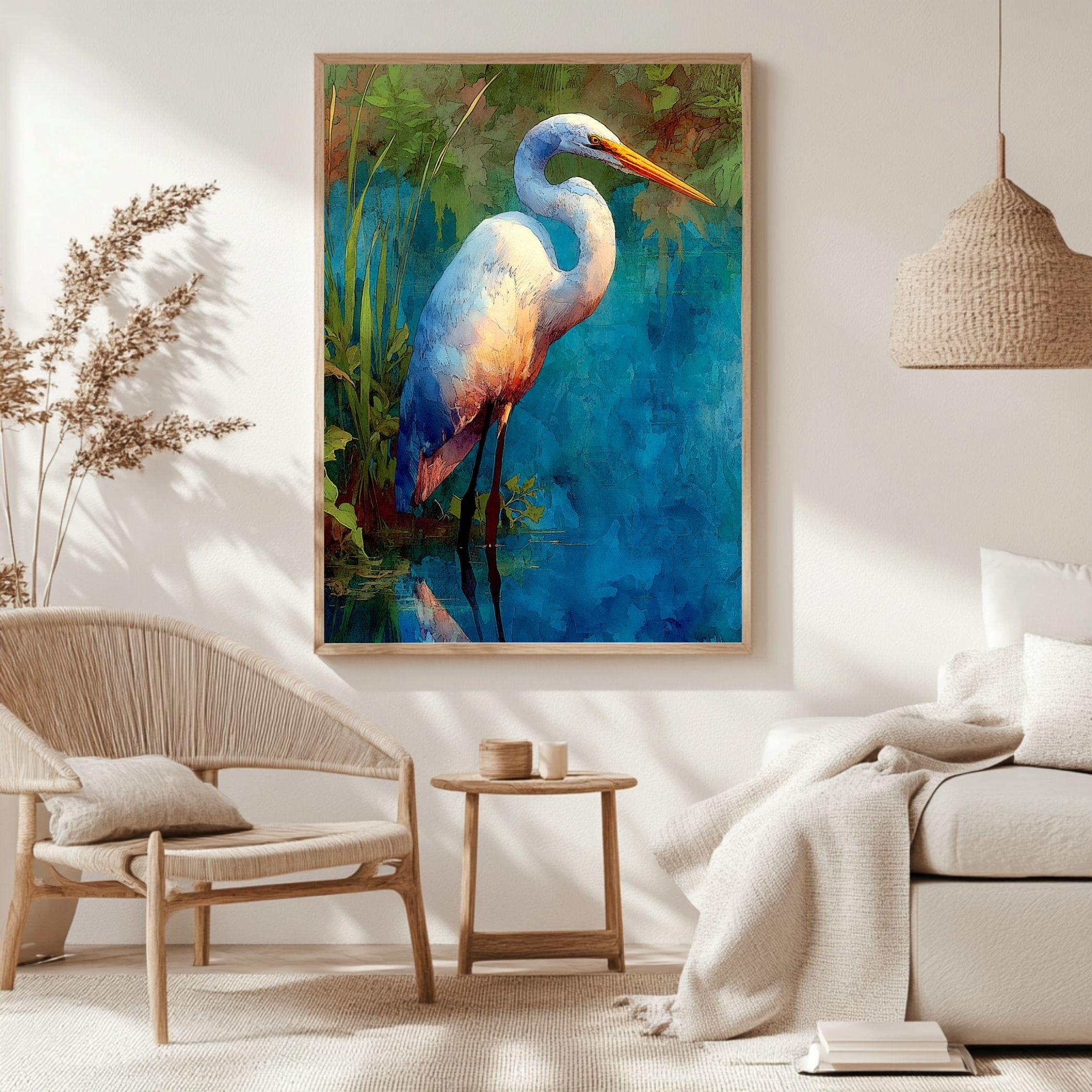 Egret By Blue Water Wooden Canvas Art, Tranquil Wildlife Wall Decor, Serene Nature Bird Print For Lake House, Spa, Relaxing Home Spaces