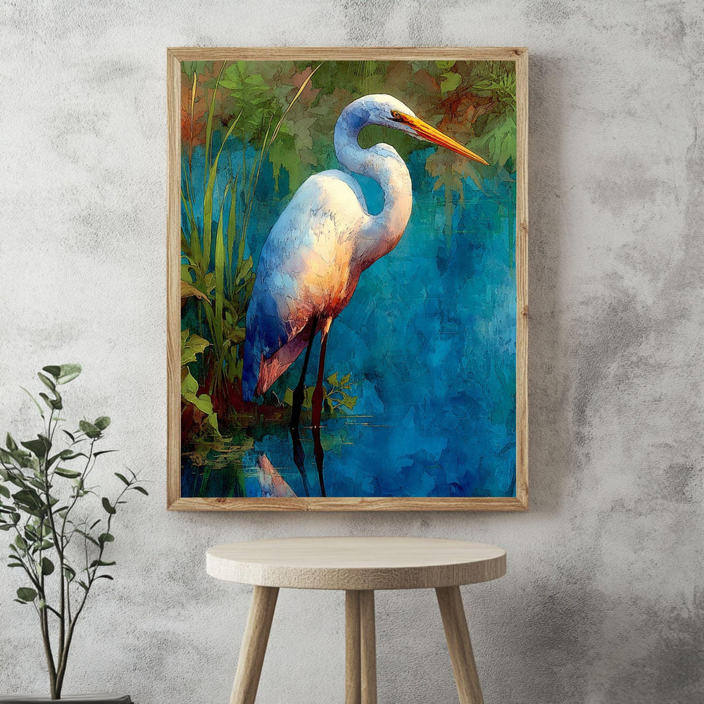 Egret By Blue Water Wooden Canvas Art, Tranquil Wildlife Wall Decor, Serene Nature Bird Print For Lake House, Spa, Relaxing Home Spaces