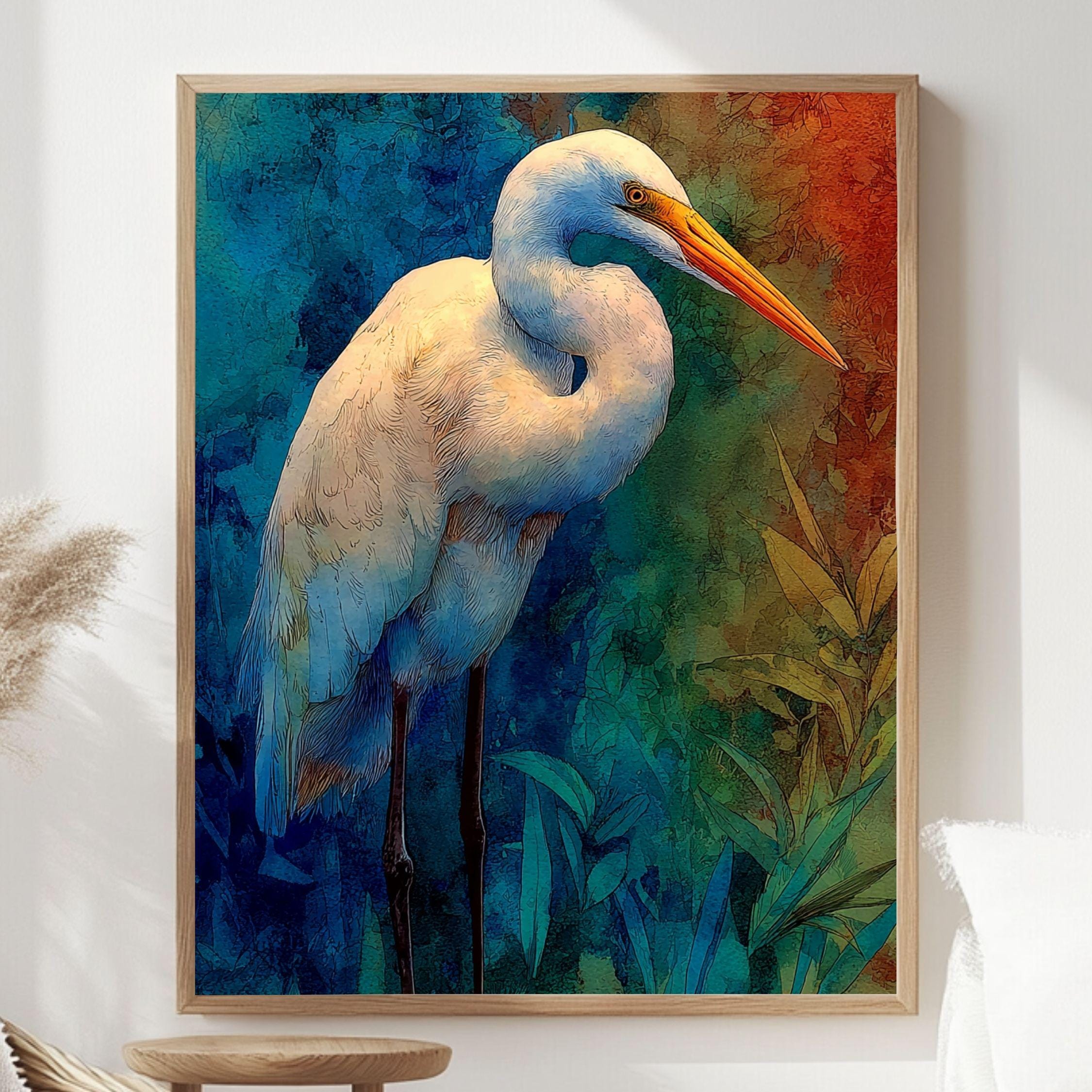 Egret Twilight Wooden Canvas Art, Blue And Rust Wildlife Bird Print, Moody Nature Wall Decor For Cabin, Coastal, Rustic Home Styling