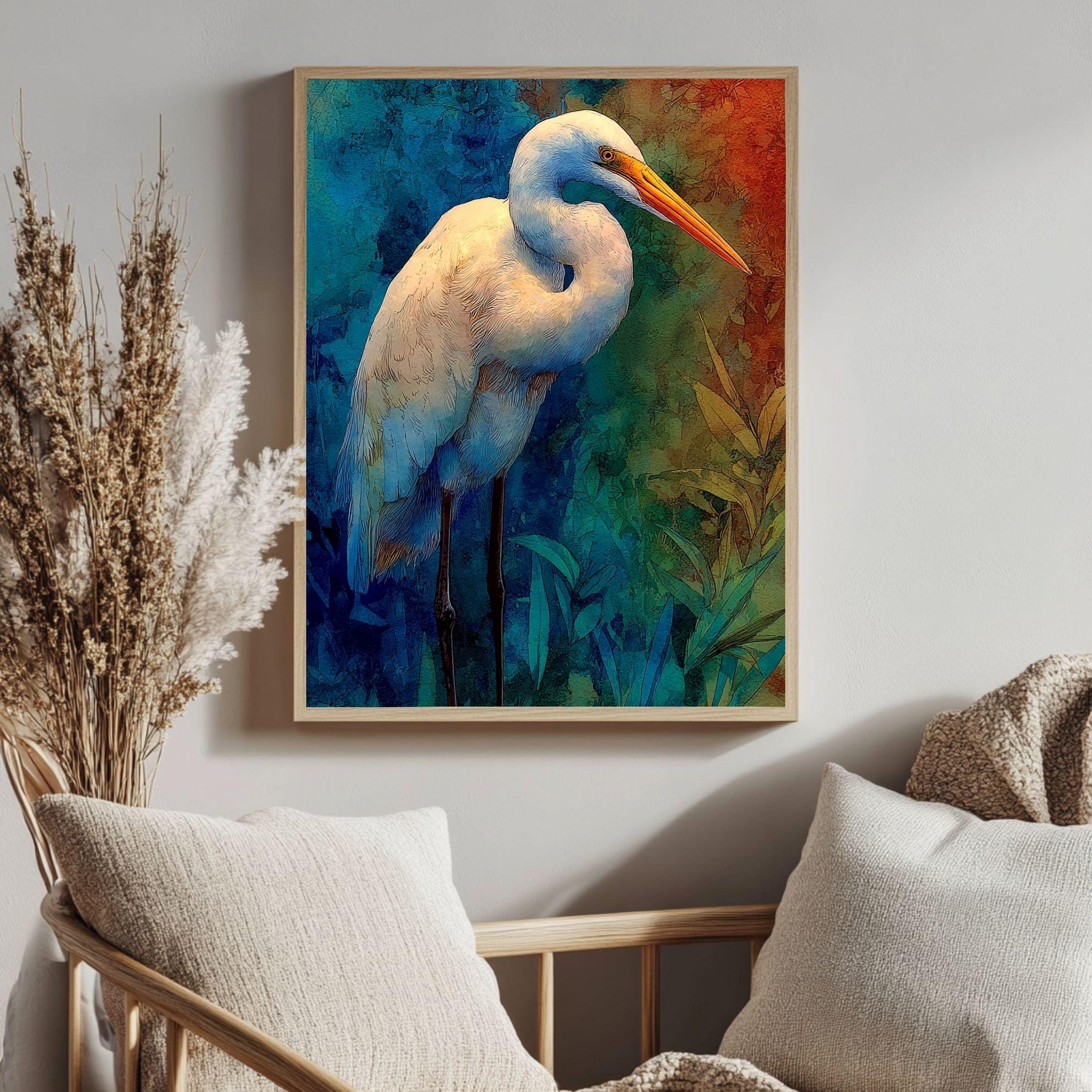 Egret Twilight Wooden Canvas Art, Blue And Rust Wildlife Bird Print, Moody Nature Wall Decor For Cabin, Coastal, Rustic Home Styling