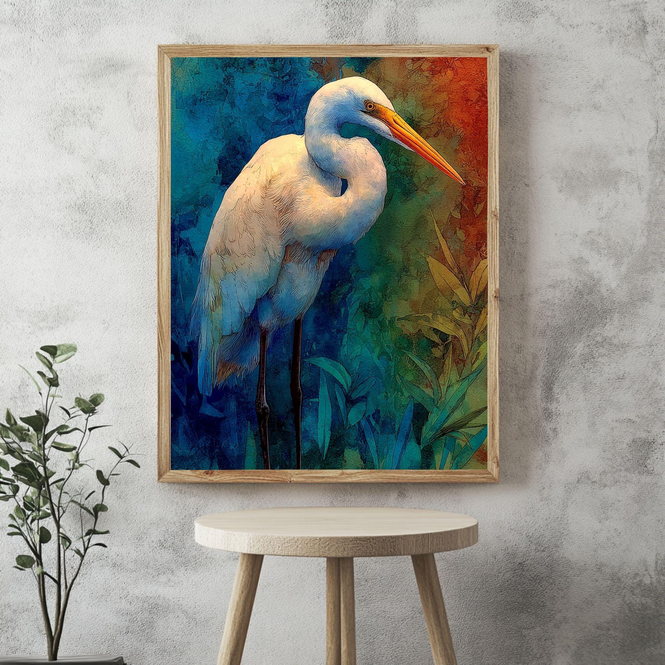 Egret Twilight Wooden Canvas Art, Blue And Rust Wildlife Bird Print, Moody Nature Wall Decor For Cabin, Coastal, Rustic Home Styling