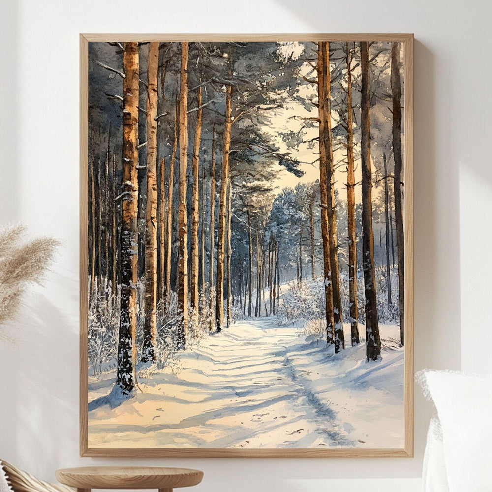 Winter Pine Forest Path Wooden Canvas Art, Snowy Landscape Wall Decor, Cozy Rustic Winter Print For Cabin, Lodge, Scandinavian Homes