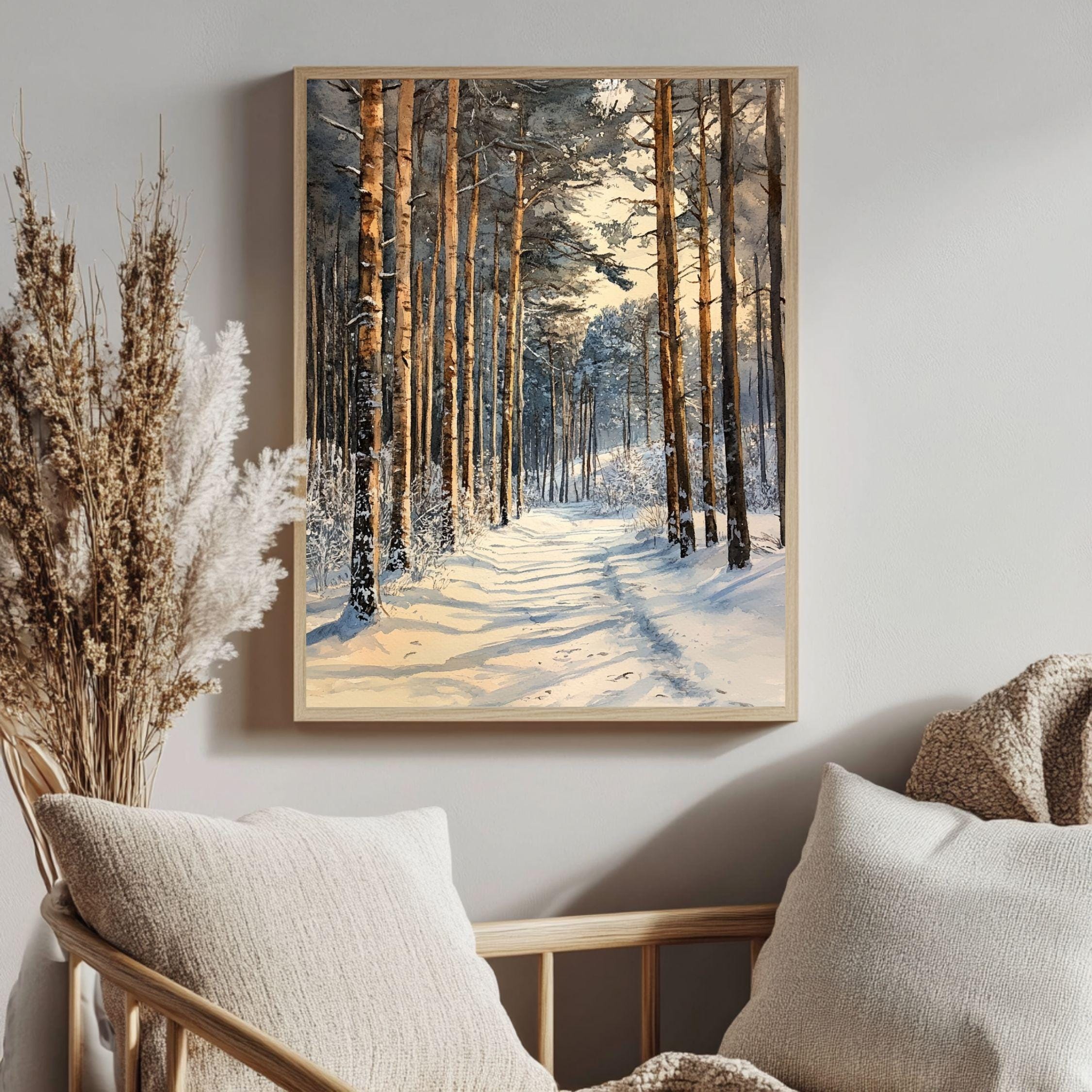 Winter Pine Forest Path Wooden Canvas Art, Snowy Landscape Wall Decor, Cozy Rustic Winter Print For Cabin, Lodge, Scandinavian Homes