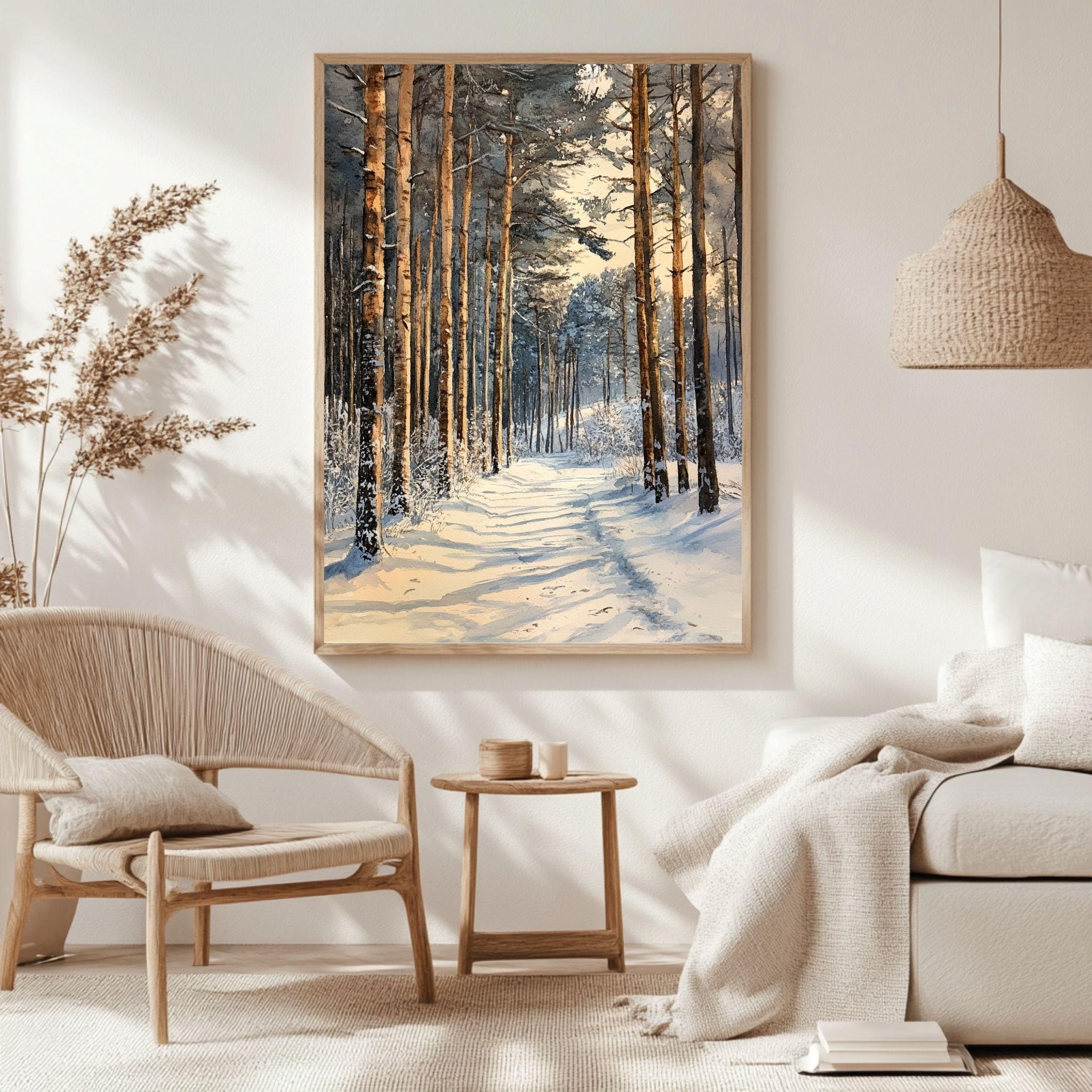 Winter Pine Forest Path Wooden Canvas Art, Snowy Landscape Wall Decor, Cozy Rustic Winter Print For Cabin, Lodge, Scandinavian Homes