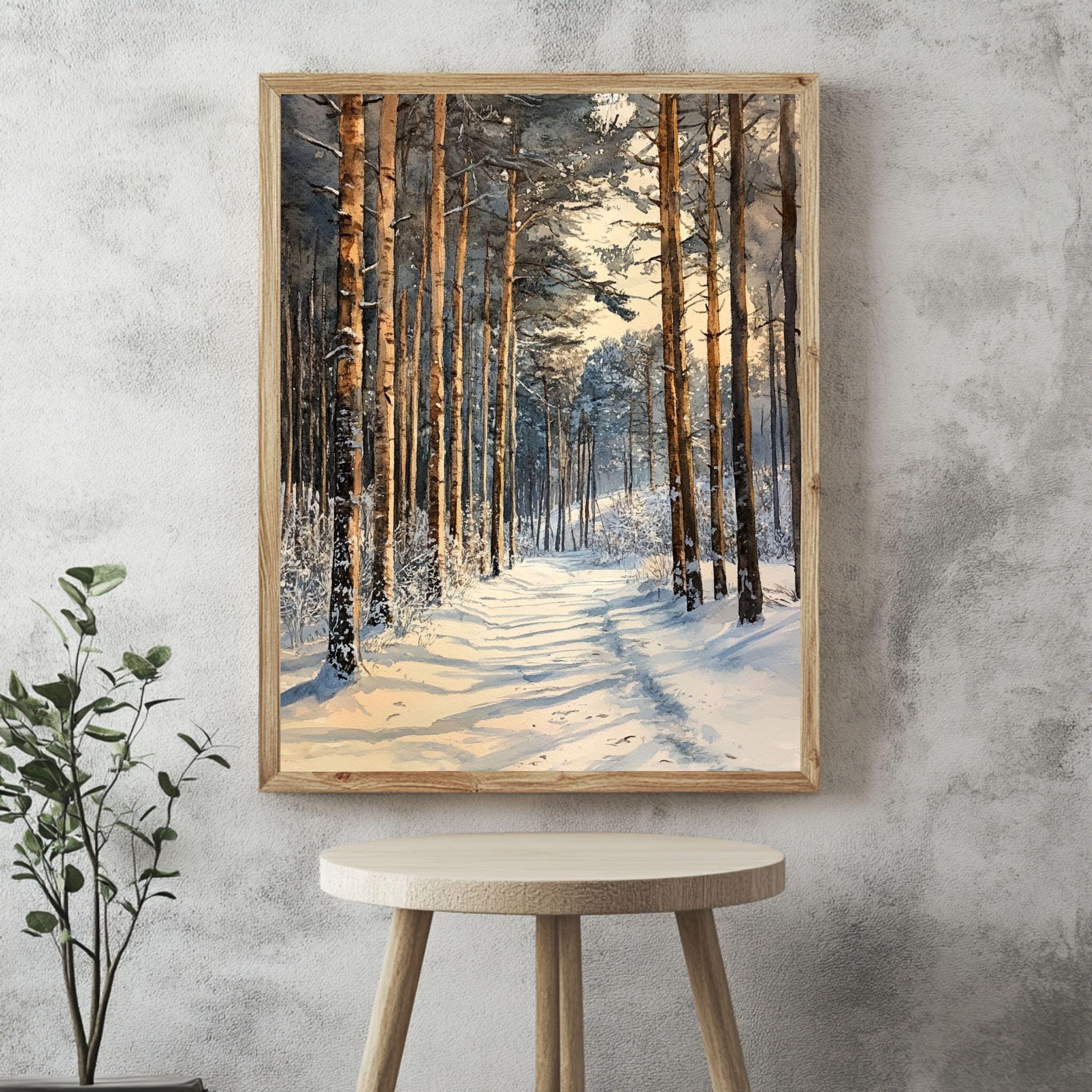 Winter Pine Forest Path Wooden Canvas Art, Snowy Landscape Wall Decor, Cozy Rustic Winter Print For Cabin, Lodge, Scandinavian Homes