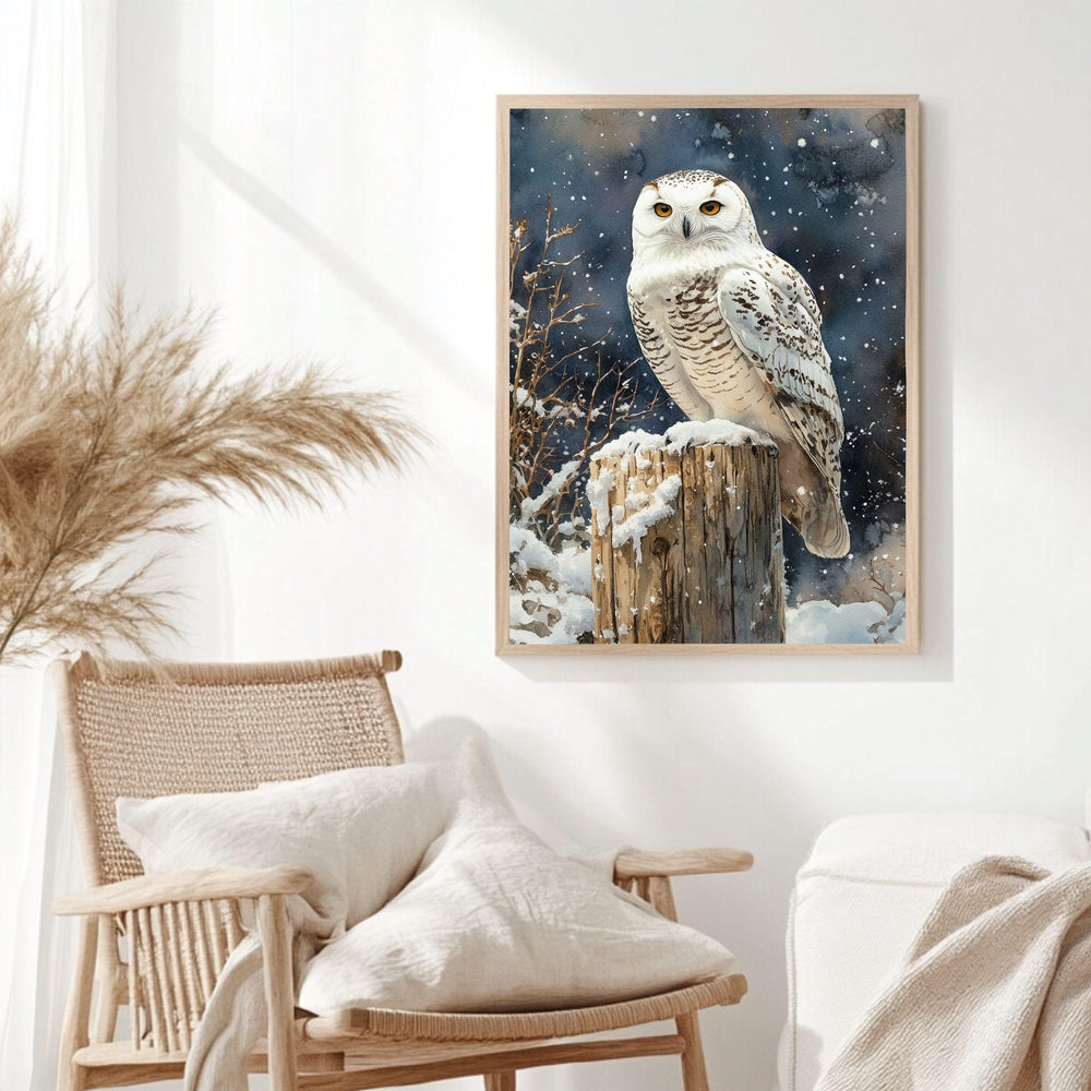 Snowy Owl Night Wooden Canvas Art, Winter Bird Wildlife Wall Decor, Rustic Snow Scene Artwork for Cabin Homes and Cozy Seasonal Displays