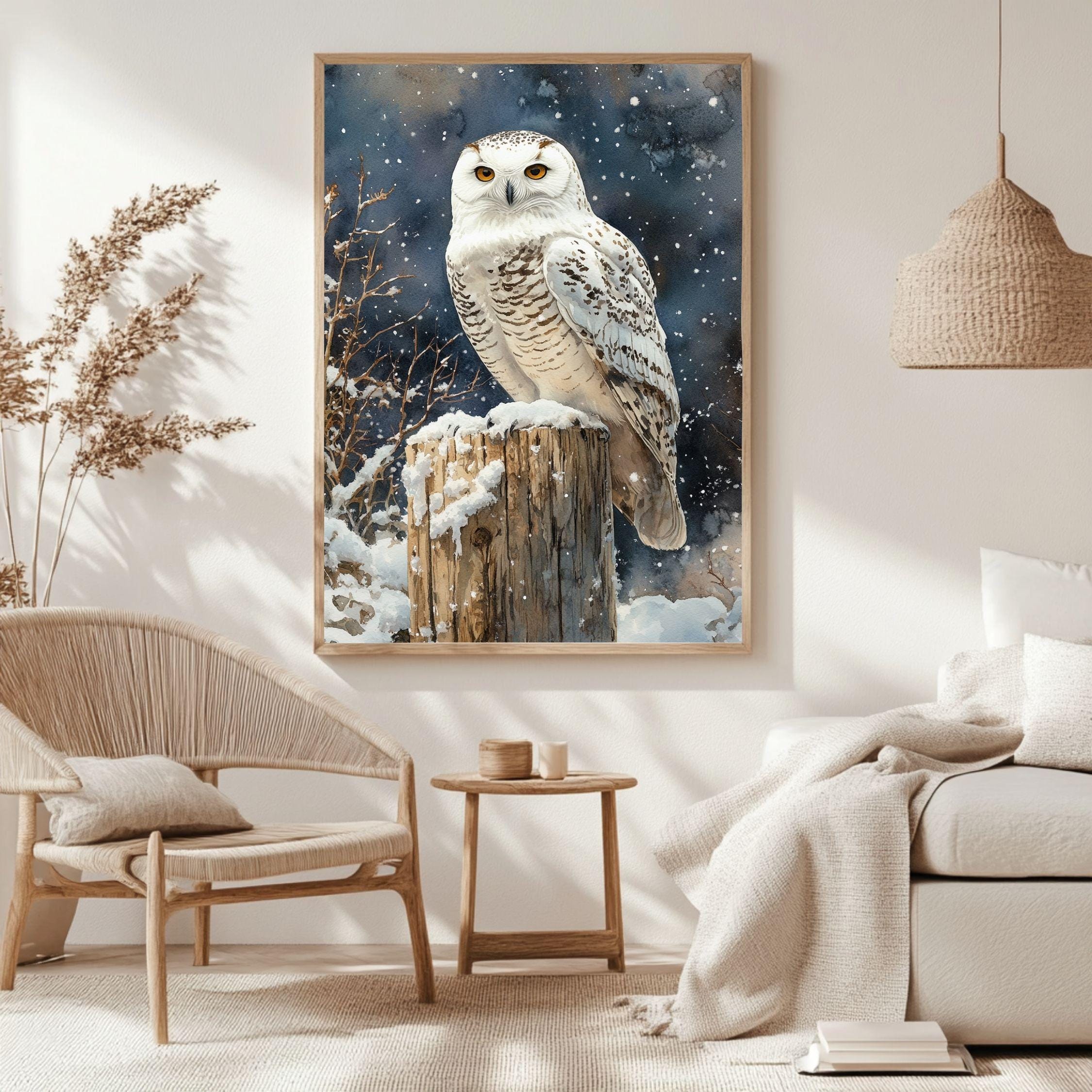 Snowy Owl Night Wooden Canvas Art, Winter Bird Wildlife Wall Decor, Rustic Snow Scene Artwork for Cabin Homes and Cozy Seasonal Displays