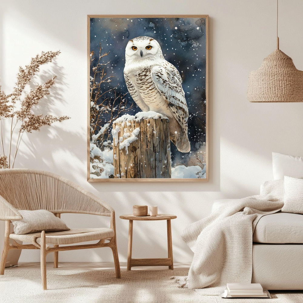 Snowy Owl Night Wooden Canvas Art, Winter Bird Wildlife Wall Decor, Rustic Snow Scene Artwork for Cabin Homes and Cozy Seasonal Displays