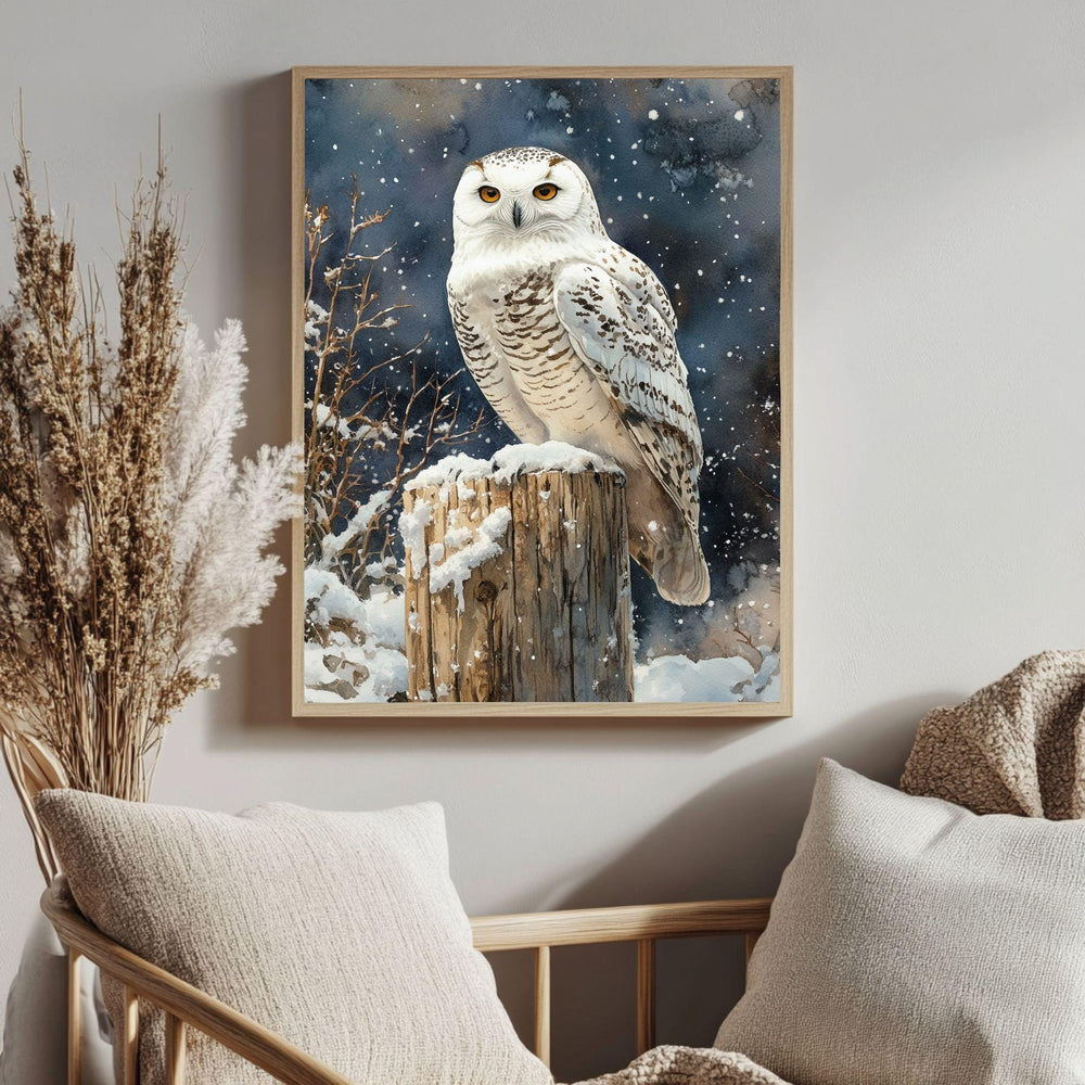 Snowy Owl Night Wooden Canvas Art, Winter Bird Wildlife Wall Decor, Rustic Snow Scene Artwork for Cabin Homes and Cozy Seasonal Displays