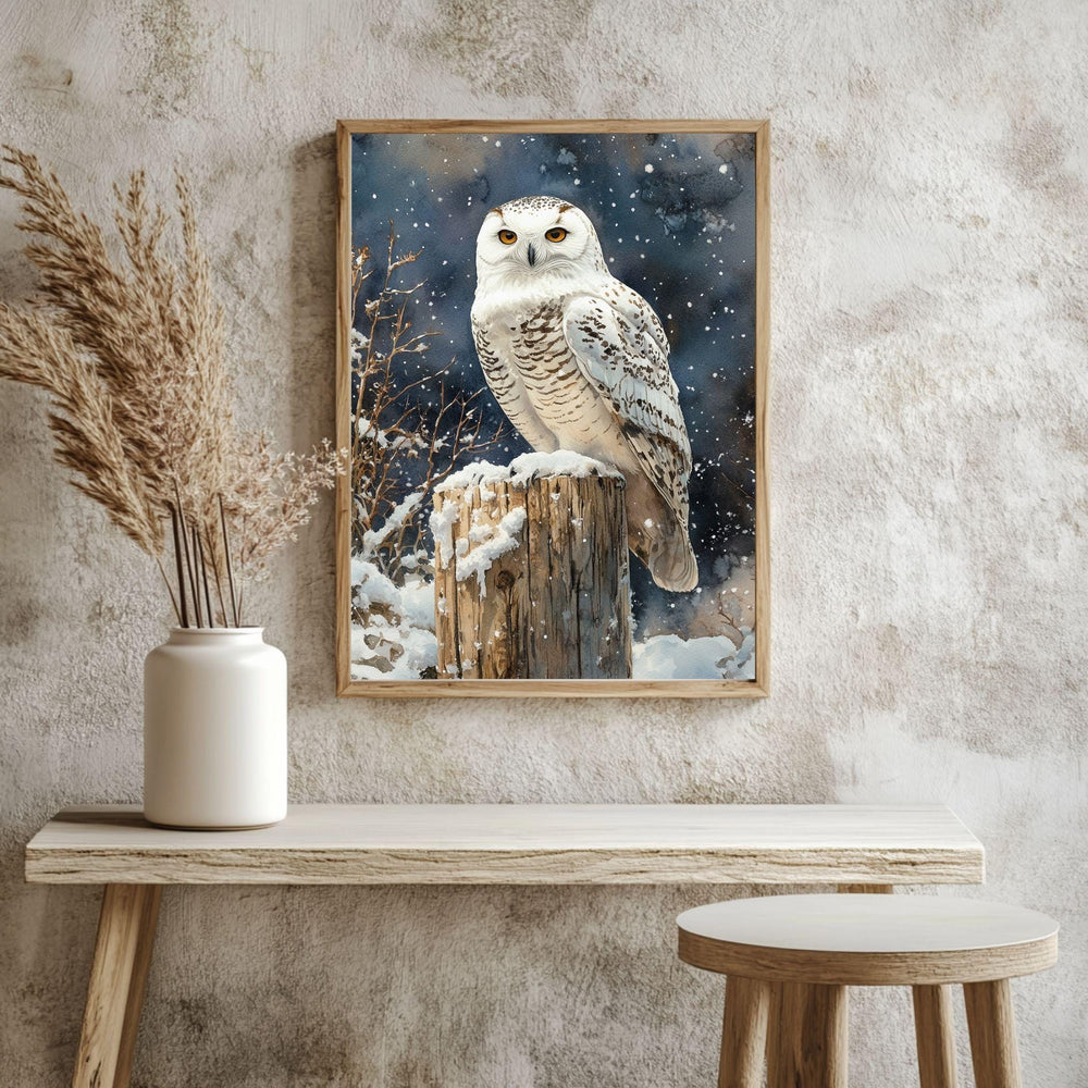 Snowy Owl Night Wooden Canvas Art, Winter Bird Wildlife Wall Decor, Rustic Snow Scene Artwork for Cabin Homes and Cozy Seasonal Displays