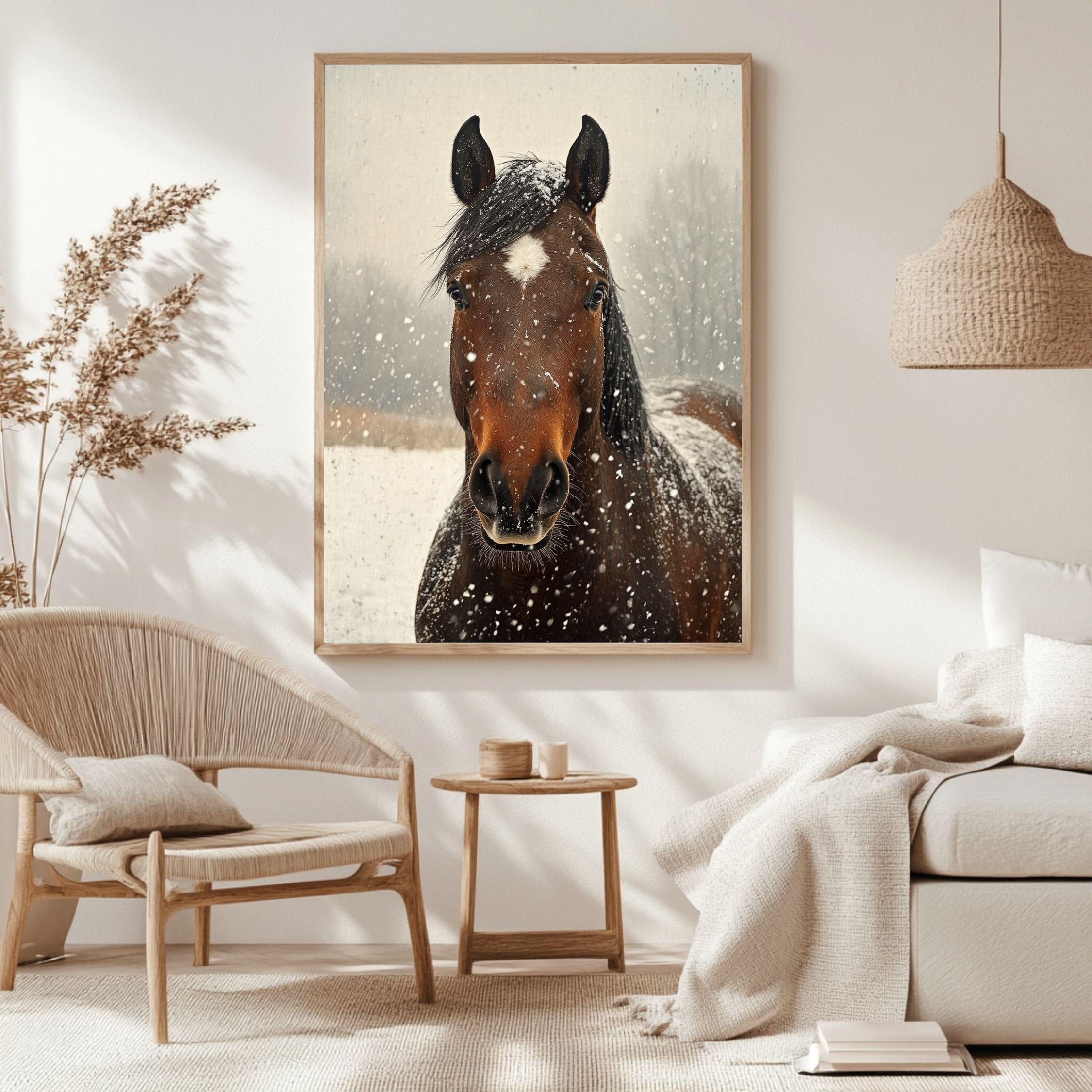 Snowy Horse Portrait Wooden Canvas Art, Rustic Winter Farmhouse Wall Decor, Equine Artwork for Country, Cabin, and Nature Inspired Homes