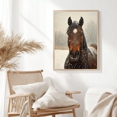 Snowy Horse Portrait Wooden Canvas Art, Rustic Winter Farmhouse Wall Decor, Equine Artwork for Country, Cabin, and Nature Inspired Homes