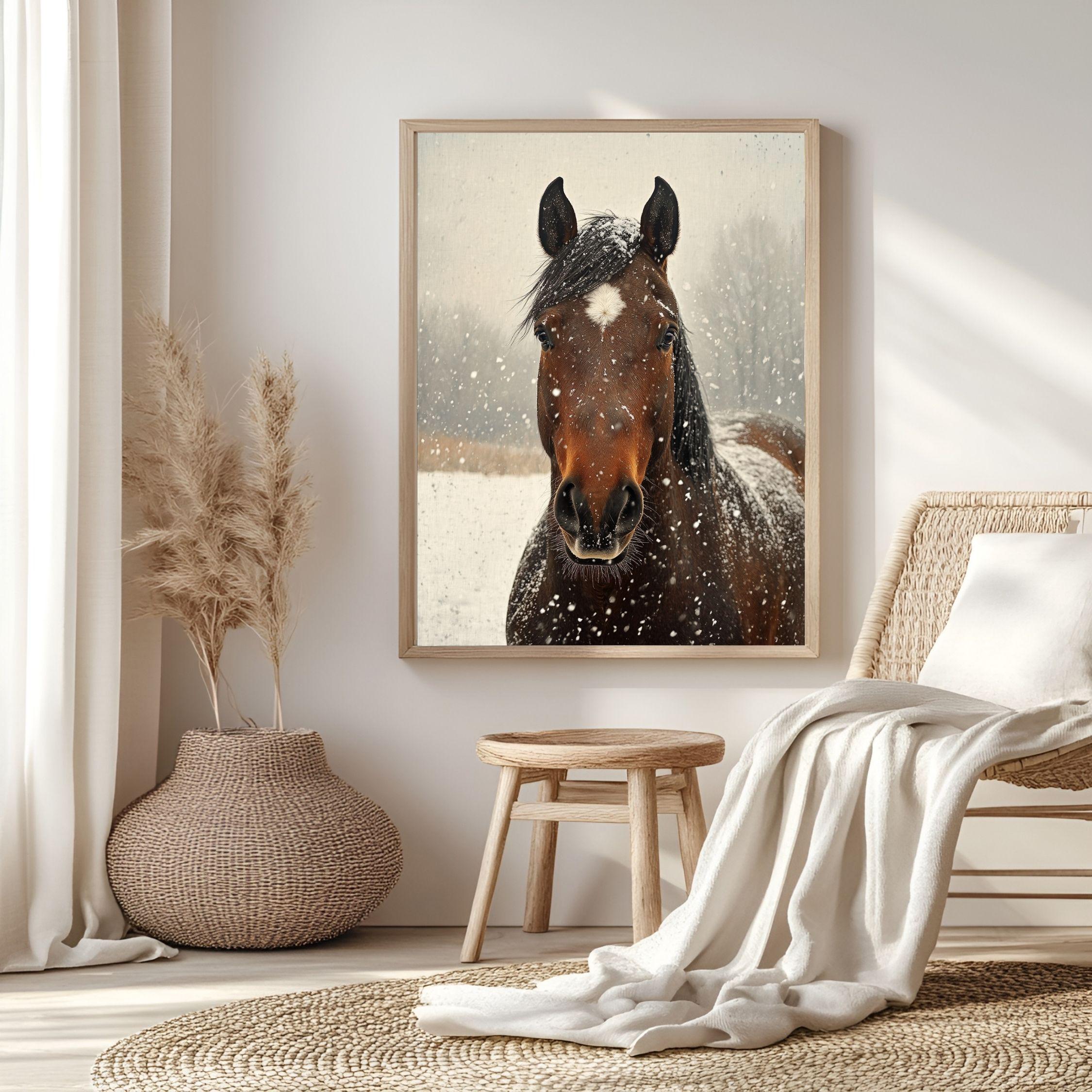 Snowy Horse Portrait Wooden Canvas Art, Rustic Winter Farmhouse Wall Decor, Equine Artwork for Country, Cabin, and Nature Inspired Homes