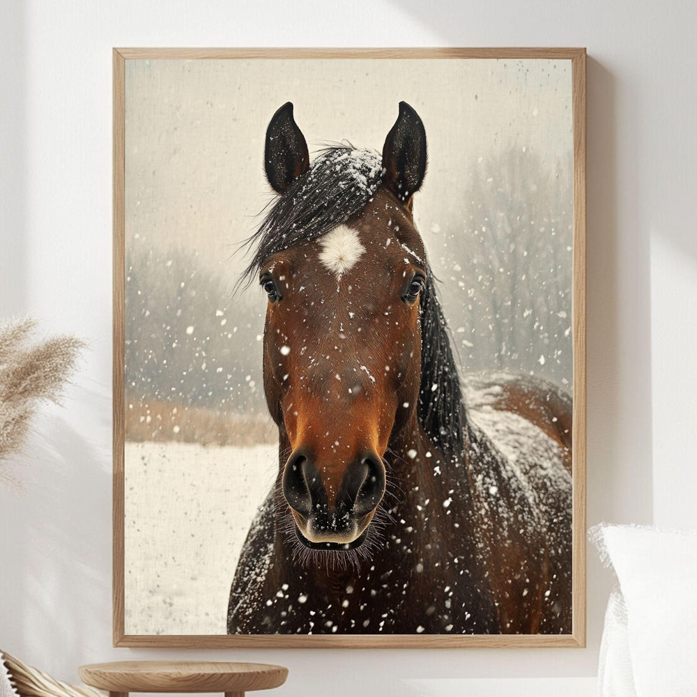 Snowy Horse Portrait Wooden Canvas Art, Rustic Winter Farmhouse Wall Decor, Equine Artwork for Country, Cabin, and Nature Inspired Homes