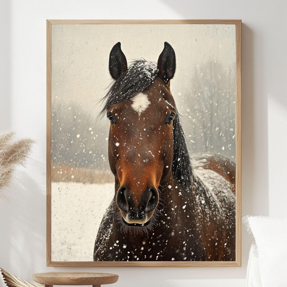 Snowy Horse Portrait Wooden Canvas Art, Rustic Winter Farmhouse Wall Decor, Equine Artwork for Country, Cabin, and Nature Inspired Homes