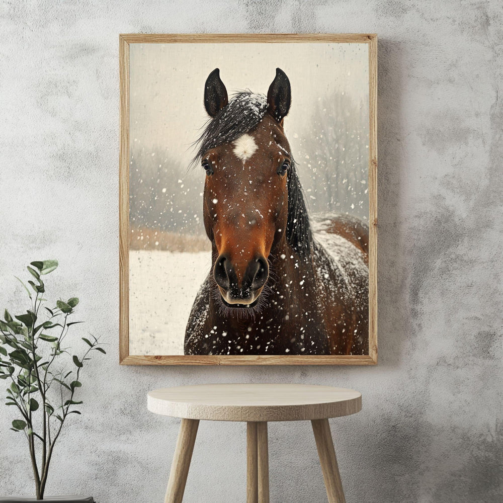Snowy Horse Portrait Wooden Canvas Art, Rustic Winter Farmhouse Wall Decor, Equine Artwork for Country, Cabin, and Nature Inspired Homes
