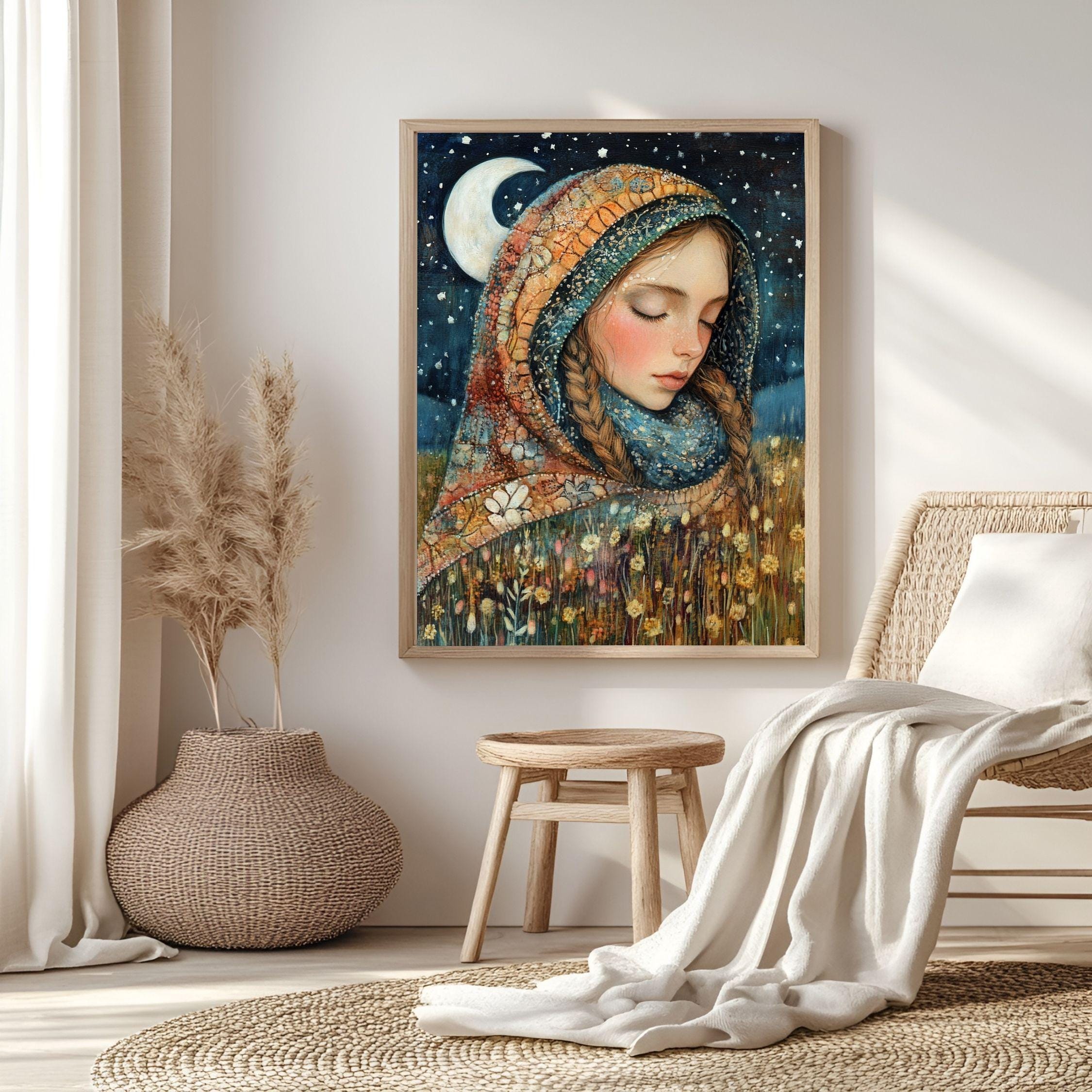 Moonlit Girl Wooden Canvas Art, Dreamy Night Sky Portrait Decor,Whimsical Starry Artwork for Boho Bedrooms and Magical Storybook Home Spaces