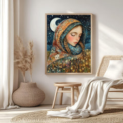 Moonlit Girl Wooden Canvas Art, Dreamy Night Sky Portrait Decor,Whimsical Starry Artwork for Boho Bedrooms and Magical Storybook Home Spaces