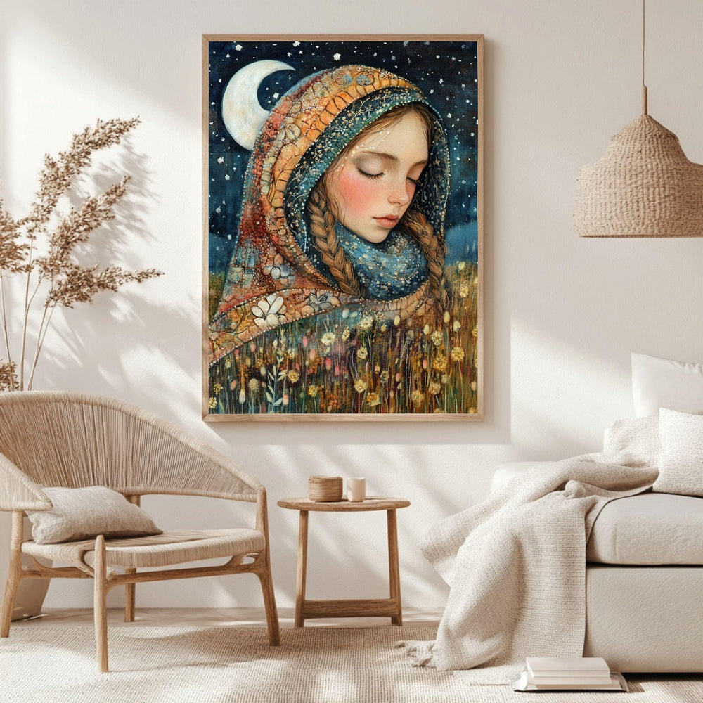 Moonlit Girl Wooden Canvas Art, Dreamy Night Sky Portrait Decor,Whimsical Starry Artwork for Boho Bedrooms and Magical Storybook Home Spaces