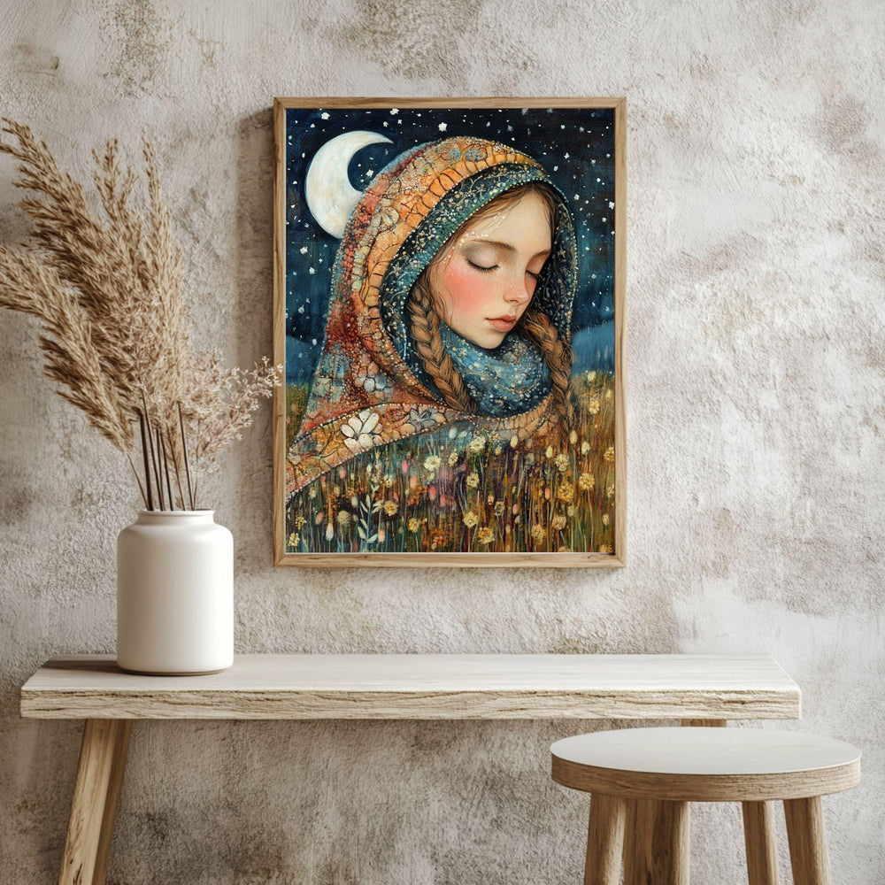 Moonlit Girl Wooden Canvas Art, Dreamy Night Sky Portrait Decor,Whimsical Starry Artwork for Boho Bedrooms and Magical Storybook Home Spaces