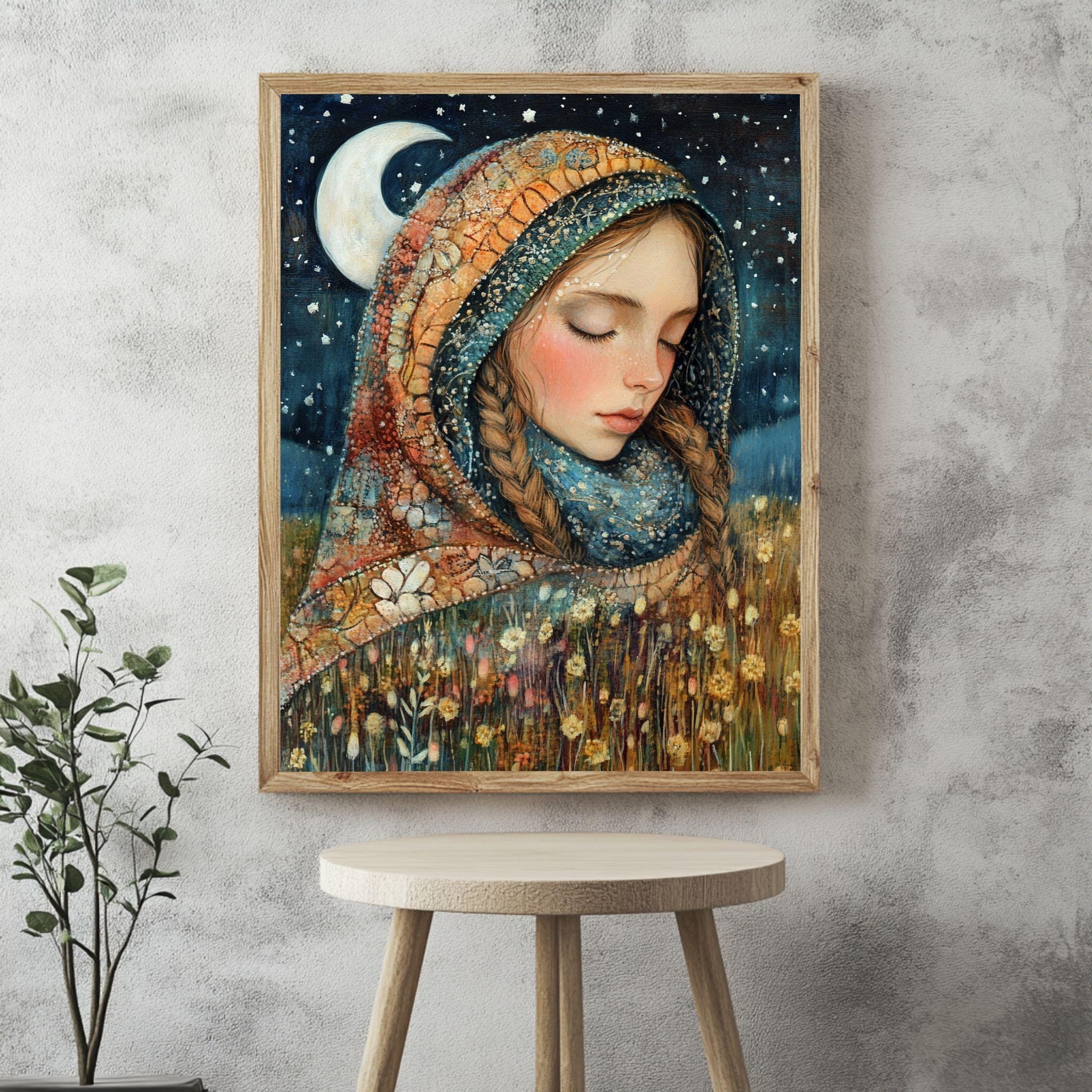 Moonlit Girl Wooden Canvas Art, Dreamy Night Sky Portrait Decor,Whimsical Starry Artwork for Boho Bedrooms and Magical Storybook Home Spaces