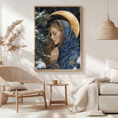Golden Crescent Girl Wooden Canvas Art, Winter Moonlit Portrait Wall Decor, Enchanted Snowy Night Artwork for Cozy Magical Home Interiors