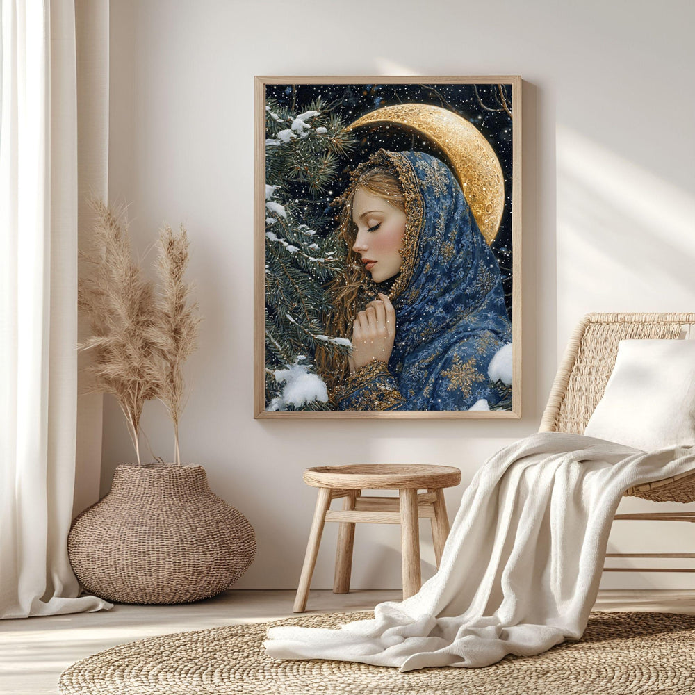 Golden Crescent Girl Wooden Canvas Art, Winter Moonlit Portrait Wall Decor, Enchanted Snowy Night Artwork for Cozy Magical Home Interiors