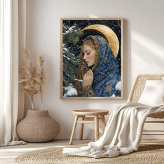 Golden Crescent Girl Wooden Canvas Art, Winter Moonlit Portrait Wall Decor, Enchanted Snowy Night Artwork for Cozy Magical Home Interiors